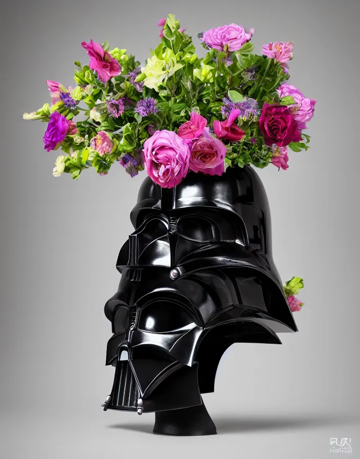 Prompt: a vase in the shape of a dark vader's helmet that contains flowers, ultra detailed, ultra realistic, 8 k, photography,