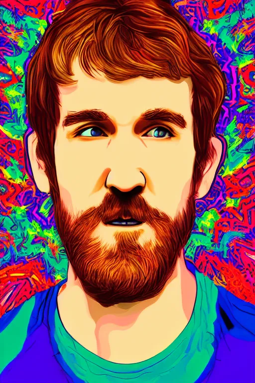 Prompt: inspirational style hope poster of bo burnham with beard, psychedelic colors, highly detailed, realistic, loving, by vitto ngai