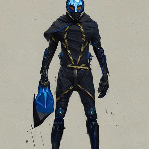 Image similar to a hero named rope man, his suit is black and blue and he has a bat like wing suit under it, mystic, concept art, artstation, greg rutkowski, reference sheet, rope is his weapon