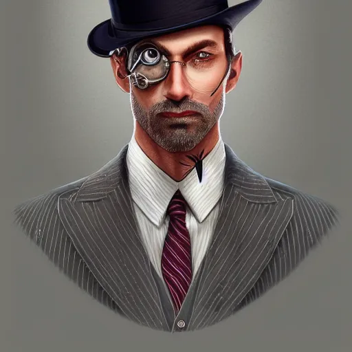 Image similar to a upper body portrait of a deer lord in a pinstriped suit and pants wearing a monocle and a fedora by artgerm and wlop, intricate detail, digital art, photorealistic, trending on artstation