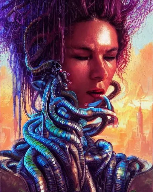 Image similar to a cyberpunk extreme close up portrait of cyborg medusa, electricity, snakes in hair, sparks, bokeh, soft focus, skin tones, warm, sky blue, sunny sky, by paul lehr, jesper ejsing