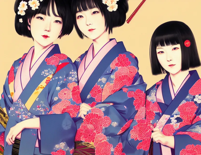 Image similar to two beautiful charming japan girls wear arty kimono in festival | | sunny night, full moon, dreamlike art, realistic shaded, smile, good looking, hyper details, 4 k realistic, cryengine, realistic shaded lighting poster by ilya kuvshinov, fuji choko, ross tran, 8 k resolution, trending on artstation, luxury