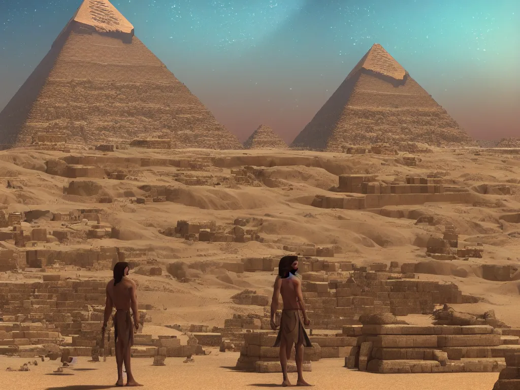 Prompt: photography of an egyptian god standing in front of the giza pyramid, fantasy ,volumetric lighting, intricate, elegant, hyperdetailed 3d matte painting, highly detailed, digital painting, artstation, smooth, sharp focus, illustration, art by Makoto Shinkai and artgerm, hyperrealism, hyperrealistic, cinematic masterpiece, fantasy style 8k ultrahd octane render