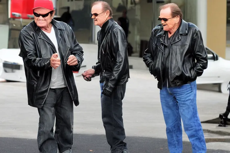 Image similar to Jack Nicholson plays Pikachu Terminator, wearing leather jacket, getting from the car