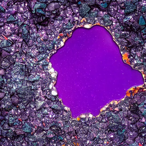 Prompt: purple shattered paint, broken glass, lava!!!!!!!, conglomerate, slush, organized composition!!!!!!, satellite photo, 4k