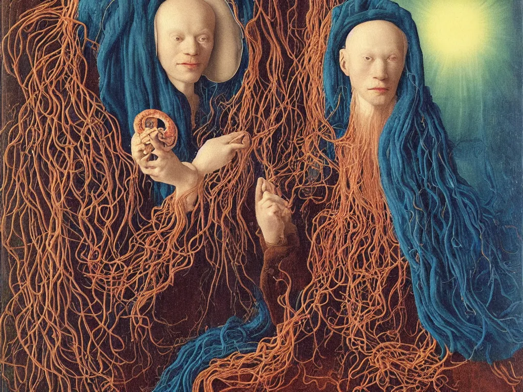 Image similar to Portrait of albino mystic with blue eyes, with exotic beautiful medusae, jellyfish. Painting by Jan van Eyck, Audubon, Rene Magritte, Agnes Pelton, Max Ernst, Walton Ford