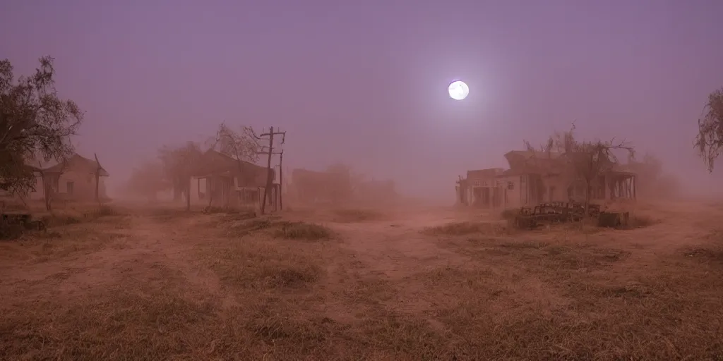 Image similar to a Voodoo ghost town, creepy lighting, little fog, moonlight, 8k