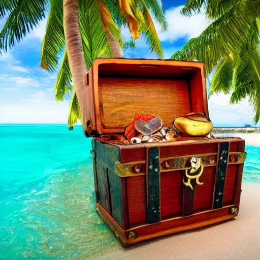 Prompt: a treasure chest on a tropical island, with a palm tree, and crystal clear water, 4 k