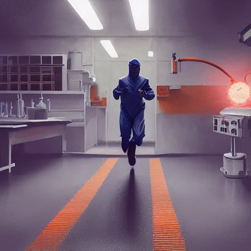 Prompt: a man in an orange jumpsuit running in a laboratory,digital art,ultra realistic,ultra detailed,art by greg rutkowski