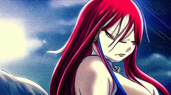 Image similar to Erza Scarlett chained and shackled, upset, tears in eyes | Somber moon | wet Dungeon Chamber | Big Moon at Night | strong blue rimlit | visual-key | anime illustration | highly detailed