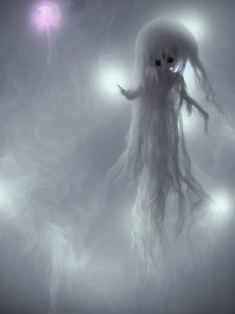 Image similar to cute fumo plush beautiful ectoplasmic gothic skeletal jellyfish ghost girl, glowing milky wisps of hazy smoke and volumetric fog, lens flare, subsurface scattering, vignette, asymmetry, bokeh, refraction, vray