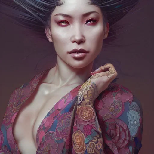 Image similar to lightskin woman in a kimono, lower back, ultra realistic, concept art, intricate details, eerie, horror, highly detailed, photorealistic, octane render, 8 k, unreal engine. art by artgerm and greg rutkowski and alphonse mucha