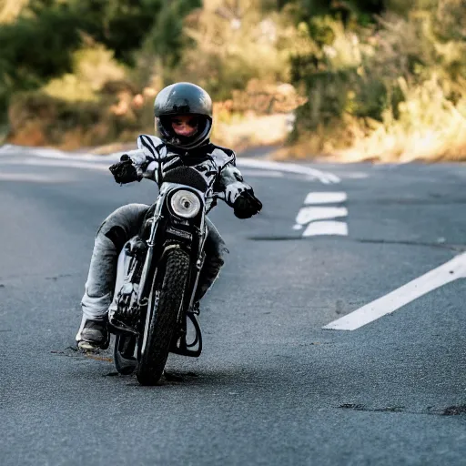 Prompt: gray and white american bully riding a motorcycle