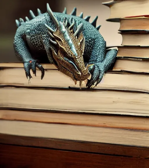 Image similar to A dragon sleeping on a huge pile of books, by Jody A Lee.