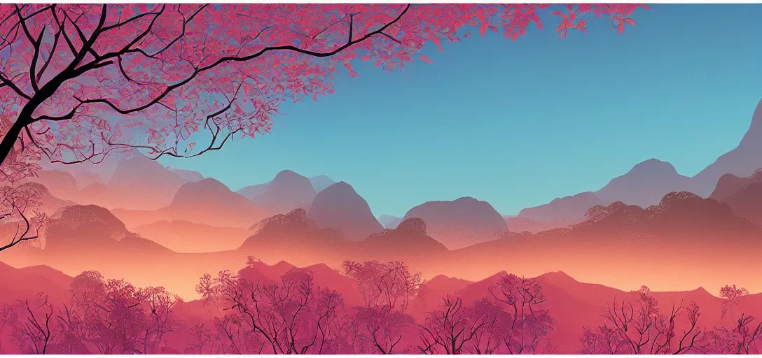 Prompt: a forested landscape, large hanging tree canopies, pink light on the horizon, mountains, vast foliage by eyvind earle, highly detailed, volumetric lighting