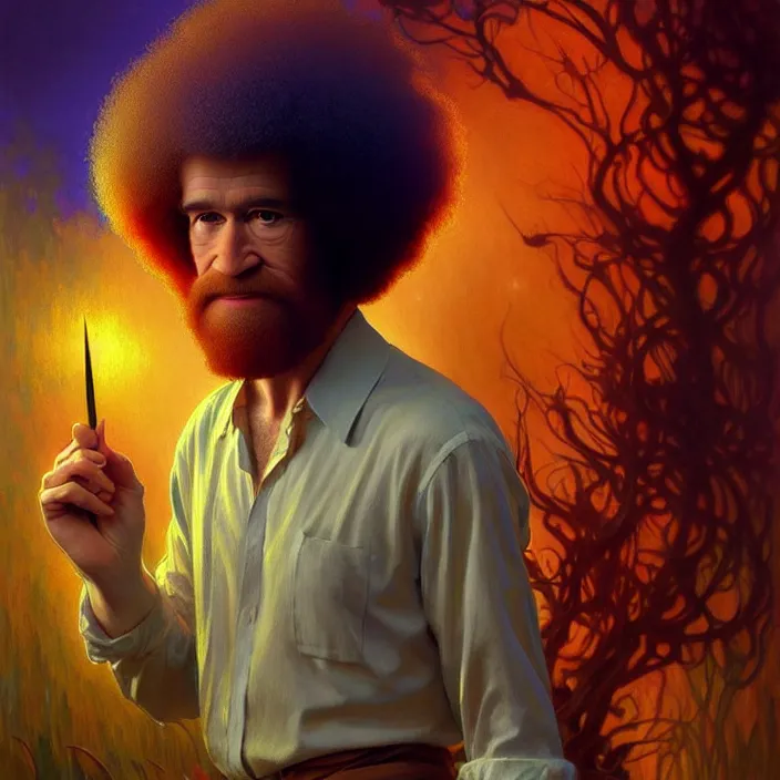 Image similar to psychedelic Bob Ross, diffuse lighting, fantasy, intricate, elegant, highly detailed, lifelike, photorealistic, digital painting, artstation, illustration, concept art, smooth, sharp focus, art by John Collier and Albert Aublet and Krenz Cushart and Artem Demura and Alphonse Mucha