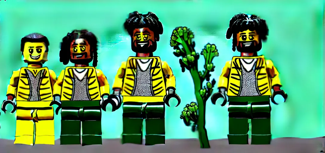 Image similar to lego snoop dogg and wizz khalifa surrounded by bunches of broccoli dean, roger digital art style