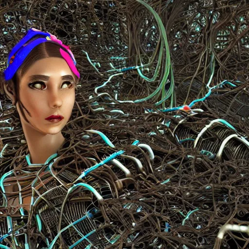 Image similar to swimming deeper into the multiverse, piles of modular synth cables mixed with mangrove roots, kawaii puerto rican goddess chilling out wearing a headpiece made of circuit boards, by cameron gray, wlop, stanley kubrick, masamune, hideki anno, jamie hewlett, unique perspective, trending on artstation, 3 d render, vivid