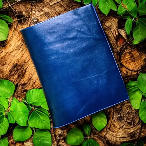 Image similar to a blue leather bound book, standing open on a wooden stump in a jungle, vines growing around