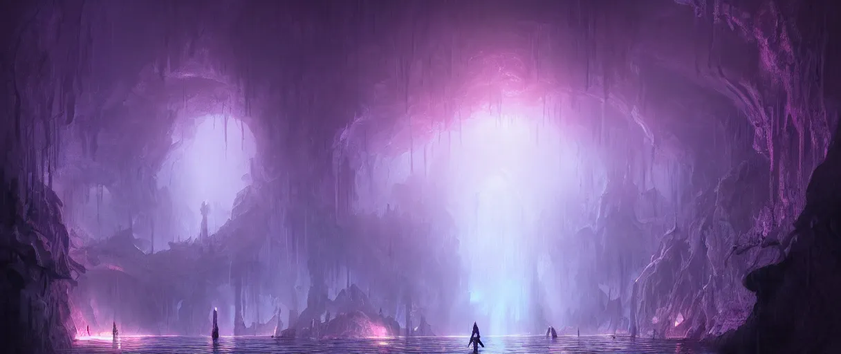 Image similar to digital painting of a underground lake, purple, style of demons souls, concept art, low angle, high detail, warm lighting, volumetric, godrays, vivid, beautiful, trending on artstation, by Jordan grimmer, no focus, huge scene, clear water