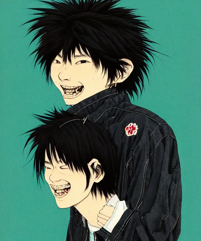 Image similar to a half / profile portrait of a happy teenage japanese man, his hair is messy and unkempt, he is wearing an embroidered leather jacket, a masterwork illustration by kim jung gi, otomo katsuhiro and terada katsuya, realistic proportions and correct anatomy