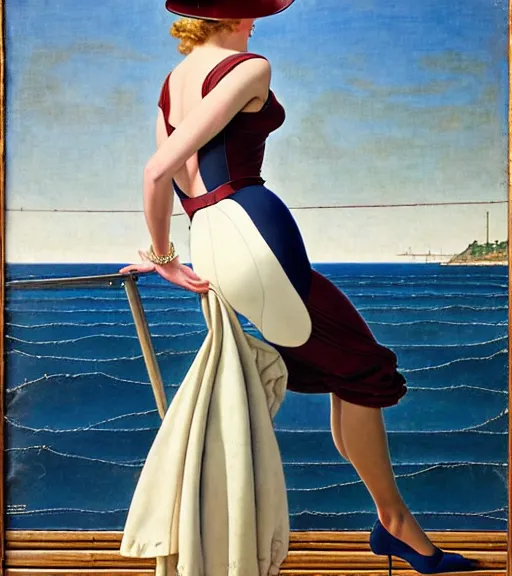 Prompt: a beautiful silicone lady standing on a wharf at the edge of the sea by gil elvgren and william blake and norman rockwell, crisp details, hyperrealism, smiling, happy, feminine facial features, stylish navy blue heels, gold chain belt, cream colored blouse, maroon hat, windblown, holding a leather purse