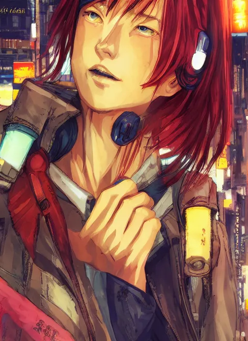 Image similar to manga cover, red-haired teenager with yellow skin and blue facial markings, short hair, intricate cyberpunk city, emotional lighting, character illustration by tatsuki fujimoto