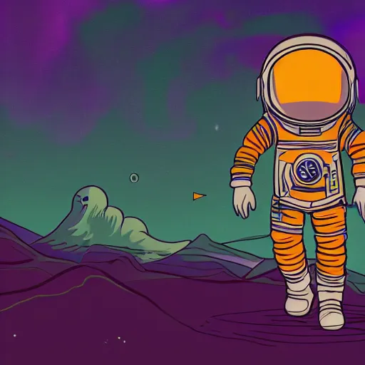 Prompt: a futuristic detailed astronaut walking on an alien psychedelic surface with strange colorful clouds and distant mountain, leaving his crashed spaceship behind. 8 k