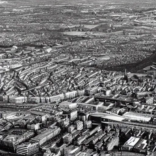 Prompt: a black and white sketch of manchester from above