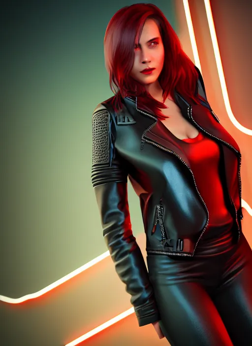 Image similar to pretty young woman with shoulder length shiny shimmering dark red hair and wearing a stuffed leather jacket with neon, path traced, highly detailed, high quality, digital painting, by cd projekt red, cyberpunk,