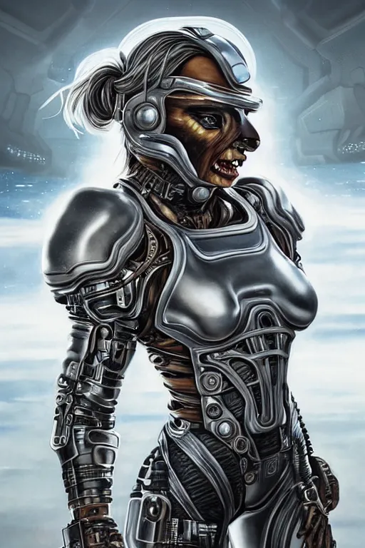 Image similar to a portrait of a muscular anthropomorphic cyberpunk lioness in spacesuit armor with ensignia on chest plate by sandra chevrier, by jon foster, detailed render, post - processing, extremely hyperdetailed, intricate, epic composition, cybernetics, 4 k realistic, cryengine, realistic shaded lighting, sharp focus, masterpiece, by enki bilal