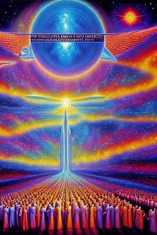 Prompt: a photorealistic detailed cinematic image of a beautiful vibrant iridescent future for human evolution, spiritual science, divinity, utopian, group of souls congregation in the afterlife. overview, by david a. hardy, kinkade, lisa frank, wpa, public works mural, socialist