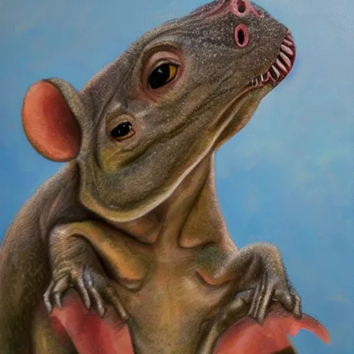 Image similar to dino mouse, epic pose, fine painting