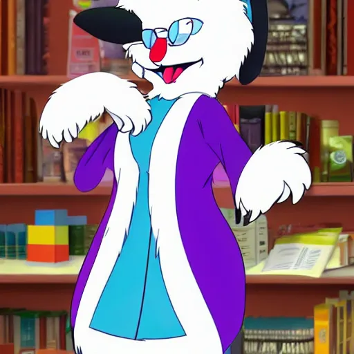 Image similar to in the style of animaniacs, anthropomorphic mink, female, white fur,