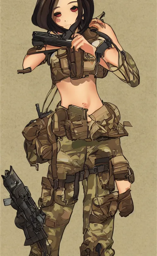 Image similar to girl, trading card front art, soldier clothing, human anatomy, matte, illustration, by ayaka on pixiv