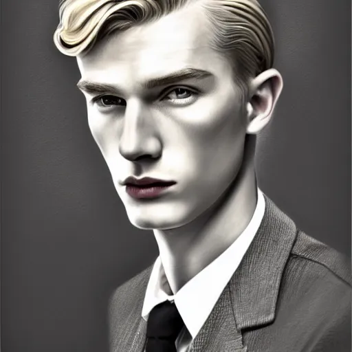 Image similar to A pencil drawing portrait of a blond young Irish man with high cheekbones. Good bone structure. Dressed in 1940s style. Highly detailed, fine Art, high detail, great lighting, 8k resolution, masterpiece, concept art, illustration, clear eyes, painting oil on canvas, octane render, HDR, trending on artstation, 4k, 8k, HD