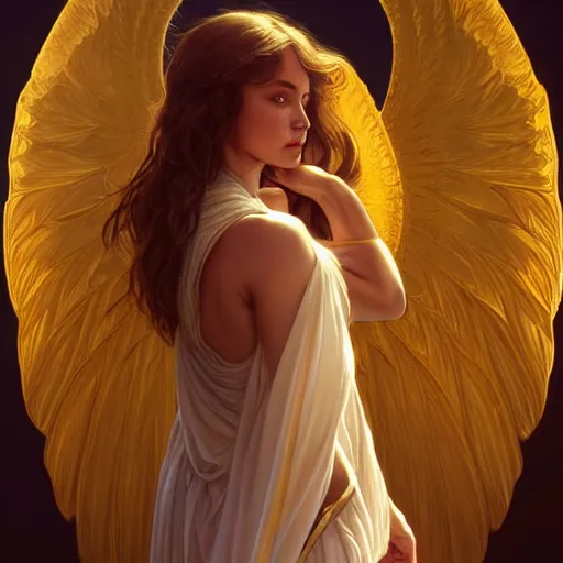 Image similar to wide angle full body portrait of an angel with a perfect face and perfect body, golden wings, intricate, highly detailed, digital painting, artstation, concept art, smooth, sharp focus, illustration, Unreal Engine 5, 8K, art by artgerm and greg rutkowski and alphonse mucha