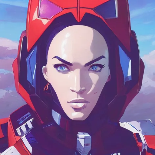 Image similar to portrait of stunning megan fox gundam pilot, with an intricate, detailed, urban inspired hiphop afro futuristic helmet, vector behance hd jesper ejsing, rhads, makoto shinkai, lois van baarle, ilya kuvshinov, rossdraws, hd, 3 2 k, ilya kuvshinov, gustav klimt