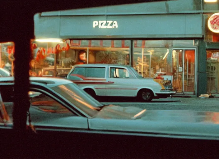 Prompt: cinematic screenshot of pizza delivery car crashed into a classic diner, screenshot from the tense thriller film ( 2 0 0 1 ) directed by spike jonze, dramatic backlit window, volumetric hazy lighting, moody cinematography, 3 5 mm kodak color stock, 2 4 mm lens, ecktochrome