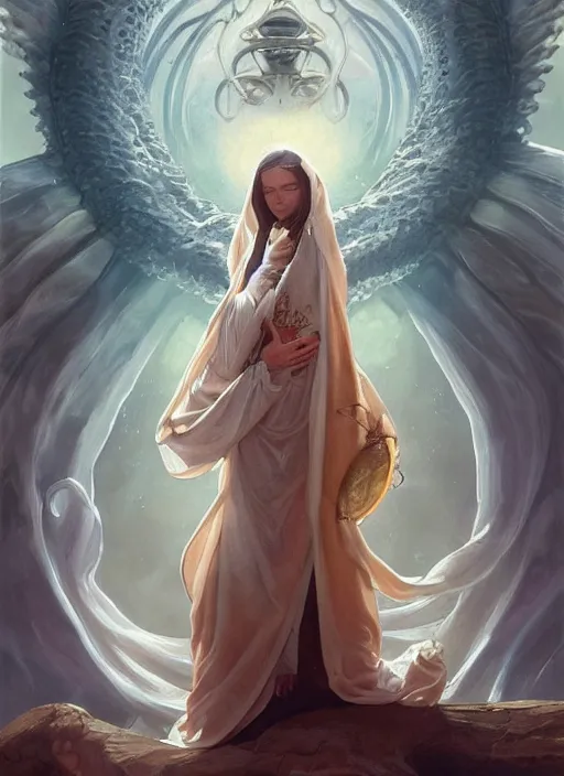 Image similar to holy cephalopod with long flowing white robe angelic wings and a single large knowing eye with long powerful tentacles, highly detailed, digital painting, artstation, concept art, matte, sharp focus, illustration, dramatic, sunset,hearthstone, art by Artgerm and Greg Rutkowski and Alphonse Mucha