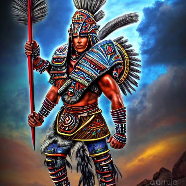 Image similar to futuristic aztec warrior, highly detailed, 4 k, hdr, smooth, sharp focus, high resolution, award - winning photo, illustrated by anne stokes, photorealistic