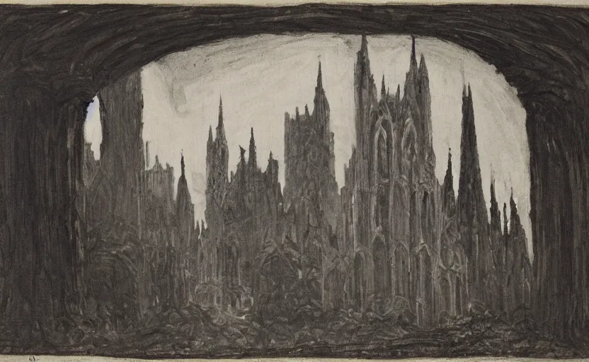 Prompt: a landscape painting of neo - gothic skyscrapers in a large cavern, henri berthaut, ( ( pen ) ), absurdist, miner kilbourne kellogg