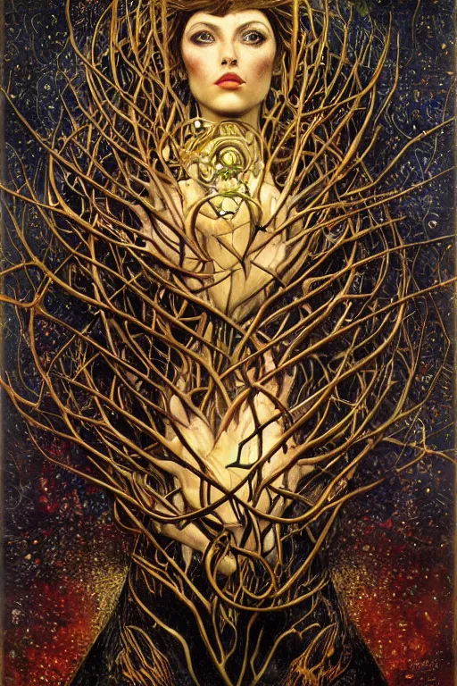 Image similar to Heart of Thorns by Karol Bak, Jean Deville, Gustav Klimt, and Vincent Van Gogh, Surreality, otherworldly, infernal enigma, Helliquary, fractal structures, celestial, arcane, ornate gilded medieval icon, third eye, spirals, dramatic sharp thorns, rich deep moody colors