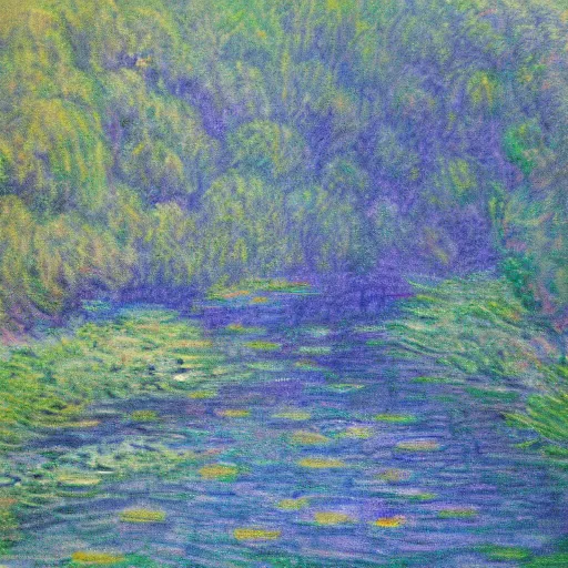 Image similar to a beautiful impressionist painting of a winding river, in the style of monet colored charcoal drawing on canvas