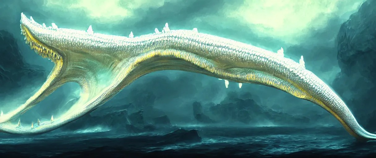 Image similar to hyperrealistic very intricate pearlescent white leviathan swallowing the earth digital painting concept art james white! cinematic soft glow yellow lighting low angle hd 8k sharp shallow depth of field