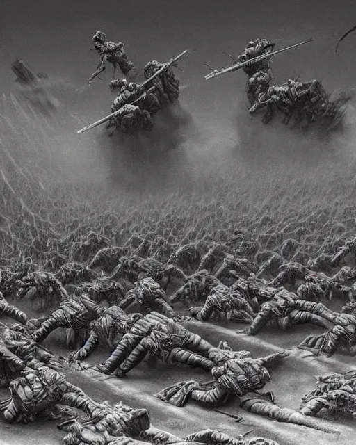 Image similar to a surreal, hellish, and maddening battlefield filled with soldiers fighting a pointless war in the style of zdzisław beksinski in the style of junji ito trending on artstation deviantart pinterest furaffinity detailed realistic hd 8 k high resolution