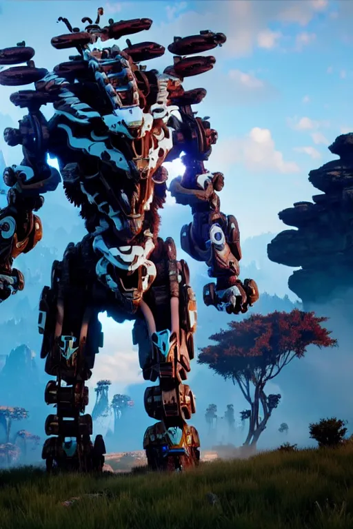 Image similar to a cinematic still from horizon zero dawn, full body mech, octane render, nvidia raytracing demo, masterpiece, aged armor plating, decipticon armor plating, aggressive head, endoekeleton exposure