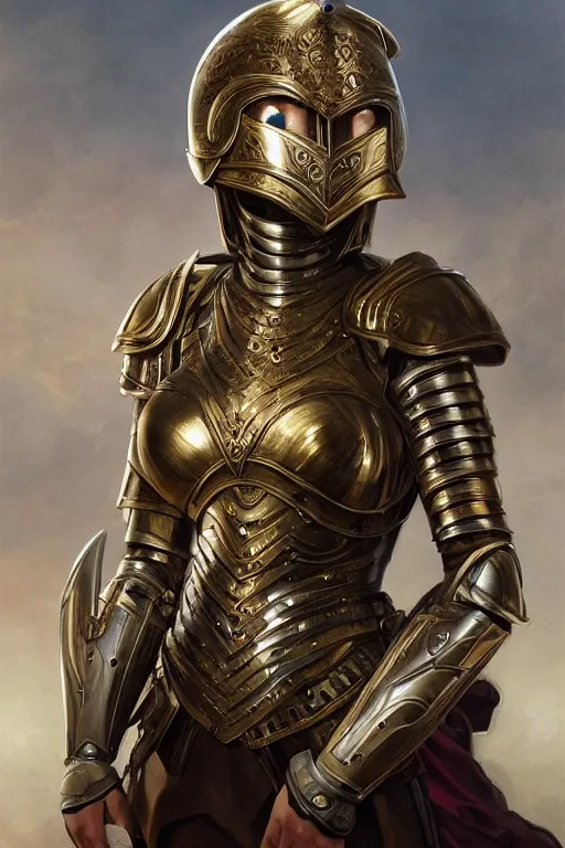 Image similar to a portrait of an attractive young female, ornate metallic helmet, clothed in battle armor, olive skin, long dark hair, beautiful bone structure, symmetrical facial features, intricate, elegant, highly detailed, digital painting, trending on Artstation, concept art, smooth, sharp focus, illustration, art by artgerm and greg rutkowski and alphonse mucha