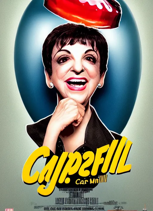 Image similar to highly detailed comedy caper movie poster with laughing liza minnelli face in a big bowl of jelly, face inside jelly by greg rutkowski