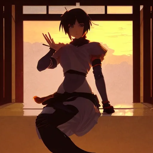 Prompt: digital anime art in the style of arcane, beautiful gorgeous female shinobi sitting on an old oriental roof at sunset, wlop, alphonse mucha, greg rutkowski, ilya kuvshinov, backlit